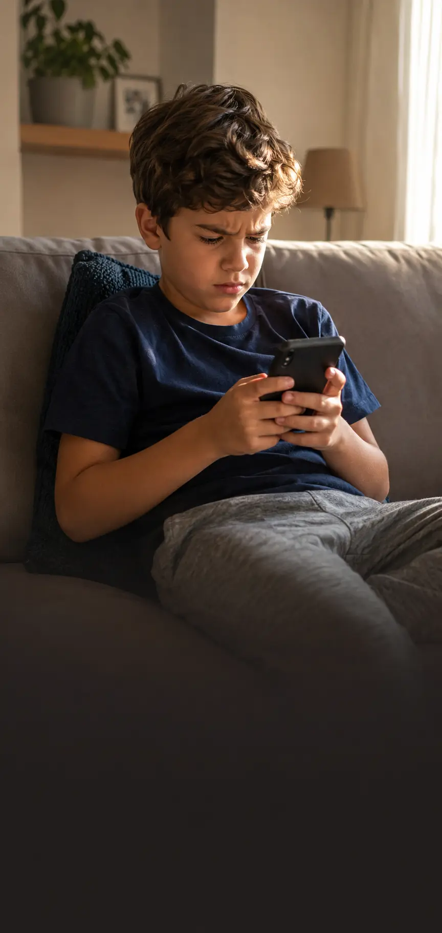 Criança concentrada e irritada usando o celular